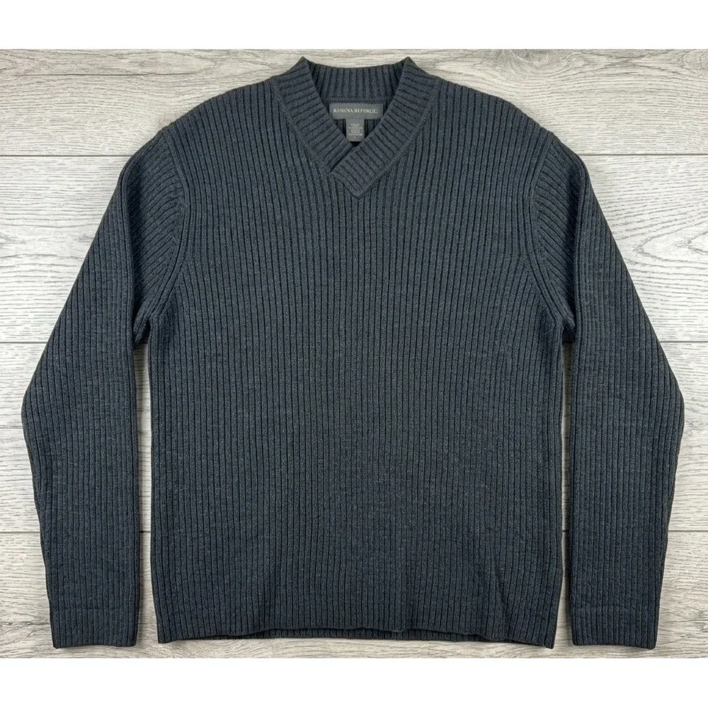 Banana‎ Republic Sweater Mens Large Gray Ribbed Cotton V-Neck Pullover Classic